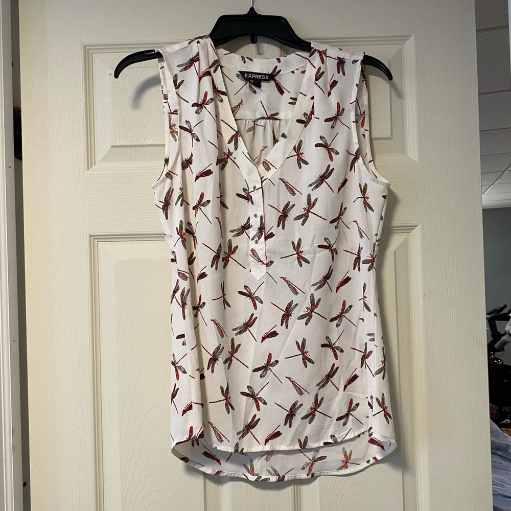 Express White Sleeveless Dragonfly Print Blouse